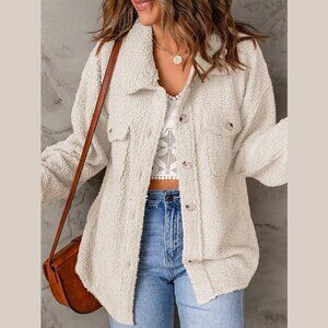 Sherpa Fleece Button-Down Shacket - Cream - Size XL